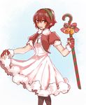  black_legwear blush candy candy_cane dress fire_emblem fire_emblem:_monshou_no_nazo fire_emblem_heroes food hairband headband looking_at_viewer maria_(fire_emblem) open_mouth pantyhose red_eyes red_hair santa_costume short_hair smile solo tnmrdgr 