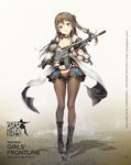  anmi assault_rifle bangs bare_shoulders black_panties blush boots breasts brown_eyes brown_hair character_name cleavage collarbone copyright_name cross-laced_footwear daewoo_k2 eyebrows_visible_through_hair fingerless_gloves full_body girls_frontline gloves gun hair_ornament hairclip highres holding jacket k-2_(girls_frontline) knee_boots korean lace-up_boots logo long_hair looking_at_viewer medium_breasts navel official_art open_mouth panties pantyhose rifle shadow smile solo standing underwear watermark weapon web_address 