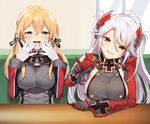  :d anchor_hair_ornament azur_lane bangs black_gloves black_ribbon blonde_hair blue_eyes blush breasts check_commentary commentary_request crossover eyebrows_visible_through_hair gloves hair_between_eyes hair_ornament hair_ribbon half-closed_eyes head_tilt indoors iron_cross kantai_collection large_breasts long_hair long_sleeves looking_at_viewer low_twintails military military_uniform mole mole_on_breast multiple_girls namesake open_mouth orange_eyes parted_lips pointing pointing_at_viewer prinz_eugen_(azur_lane) prinz_eugen_(kantai_collection) ribbon round_teeth sideboob silver_hair smile swept_bangs teeth twintails two_side_up uniform upper_teeth white_gloves window yappen 