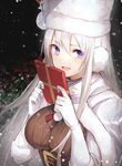  :d azur_lane bangs blush breasts christmas commentary earmuffs enterprise_(azur_lane) eyebrows_visible_through_hair fur_trim gift gloves hair_between_eyes hands_up hat holding holding_gift large_breasts long_hair looking_at_viewer luse_maonang open_mouth purple_eyes ribbed_sweater sidelocks silver_hair smile snow solo sweater white_gloves white_hair 