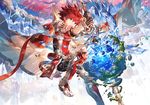  aiguillette belt blue_eyes boots cape commentary_request elsword elsword_(character) expressionless floating floating_object floating_rock gloves knight_emperor_(elsword) pauldrons planet red_hair scorpion5050 short_hair sword tree water weapon 