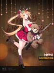  animal_ears antlers bare_legs bare_shoulders bell black_footwear black_gloves blonde_hair blush boots breasts character_name christmas copyright_name detached_collar doughnut doughnut_hair_ornament dress food food_themed_hair_ornament from_side full_body fur_trim girls_frontline gloves grey_eyes gun hair_ornament high_heel_boots high_heels holding holding_gun holding_weapon jingle_bell large_breasts leg_warmers long_hair looking_at_viewer m1918_bar m1918_bar_(girls_frontline) machine_gun merry_christmas object_hug official_art open_mouth red_dress reindeer_ears short_dress sidelocks solo standing standing_on_one_leg stuffed_animal stuffed_toy suisai teddy_bear very_long_hair weapon 