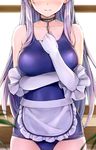  3: alternate_costume apron azur_lane bare_shoulders belfast_(azur_lane) blue_swimsuit blurry blush breasts chain closed_mouth collar collarbone competition_school_swimsuit cowboy_shot depth_of_field elbow_gloves embarrassed frilled_gloves frills frown gloves hand_on_own_chest head_out_of_frame kotatsu_(kotatsu358) large_breasts long_hair old_school_swimsuit one-piece_swimsuit school_swimsuit silver_hair solo standing straight_hair swimsuit very_long_hair waist_apron white_apron white_gloves window 