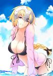  alternate_costume bangs bikini black_bikini black_bow black_ribbon blonde_hair blush bow braid breasts cleavage cloud cloudy_sky collarbone day eyebrows_visible_through_hair fate/apocrypha fate_(series) front-tie_bikini front-tie_top guanghe_zuoyong_de_de_yezi hair_bow head_tilt headpiece highres jacket jeanne_d'arc_(fate) jeanne_d'arc_(fate)_(all) large_breasts leaf long_hair long_sleeves looking_at_viewer ocean open_clothes open_jacket outdoors parted_lips pink_jacket purple_eyes ribbon shiny shiny_hair side-tie_bikini single_braid skindentation sky smile solo standing strap_gap swimsuit unzipped very_long_hair wading water 