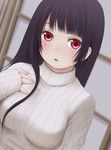 bangs black_hair blunt_bangs blush commentary_request enma_ai eyebrows_visible_through_hair hand_on_own_chest hime_cut jigoku_shoujo kozue_akari long_hair looking_at_viewer open_mouth red_eyes ribbed_sweater solo sweater turtleneck turtleneck_sweater upper_body white_sweater 