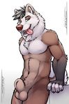  animal_genitalia anthro balls blue_eyes brown_fur canine dog fur hi_res looking_at_viewer male mammal muscular muscular_male nude sheath solo tan_balls tongue tongue_out toraja tsaiwolf white_fur 