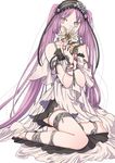  bangs bare_shoulders black_hairband collarbone covered_mouth dress euryale eyebrows_visible_through_hair fate/grand_order fate_(series) fingernails flower frilled_hairband frills grey_eyes hairband head_tilt highres holding holding_flower jewelry long_hair looking_at_viewer maru_(memoriatechnica) purple_hair simple_background sitting solo toenails twintails very_long_hair white_background white_dress white_flower yokozuwari 