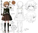  bangs black_legwear blush brown_hair character_sheet color_guide concept_art crossdressing danganronpa danganronpa_1 expressions fujisaki_chihiro full_body green_eyes kneehighs komatsuzaki_rui lineart looking_at_viewer mary_janes multiple_views official_art otoko_no_ko pleated_skirt reference_sheet ribbon school_uniform shoes short_hair simple_background skirt smile standing suspender_skirt suspenders translation_request white_background 