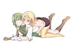 2girls armelina ass aster_crowley blonde_hair breasts commentary_request filinion glasses gloves green_eyes green_hair highres huge_breasts massage multiple_girls red_eyes saikyou_wo_kojiraseta_level_counter_stop_kenseijo_beatrice smile yuri 
