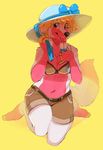  anthro aycee belt black_nose blonde_hair bra breasts canine cleavage clothed clothing dog ear_piercing female food fox fur hair hat mammal navel piercing pink_fur popsicle signature simple_background underwear white_fur yellow_background 