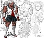  androgynous bandages blue_eyes character_sheet color_guide concept_art danganronpa danganronpa_1 dark_skin expressions full_body komatsuzaki_rui lineart long_hair looking_at_viewer multiple_views muscle muscular_female official_art oogami_sakura pleated_skirt reference_sheet scar school_uniform serafuku shoes simple_background skirt standing translation_request white_hair 