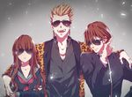  2boys animal_print arm_around_shoulder black_serafuku blonde_hair brown_hair crossed_arms fate/extra fate/extra_ccc fate_(series) gakuran gangnam_style gilgamesh gradient gradient_background grey_background kishinami_hakuno_(female) kishinami_hakuno_(male) leopard_print long_hair multiple_boys parody protected_link sandwiched school_uniform serafuku simple_background sohi spiked_hair sunglasses tsukumihara_academy_uniform_(fate/extra_ccc) 