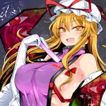  bangs blonde_hair blush bow breasts closed_eyes commentary_request detached_sleeves elbow_gloves eyebrows_visible_through_hair fangs gap gloves hair_between_eyes hair_bow hat hat_ribbon highres holding large_breasts long_hair looking_at_viewer mob_cap naked_tabard open_mouth red_bow red_ribbon ribbon roki_(hirokix) sideboob sidelocks solo star starry_background tabard touhou tsurime upper_body white_gloves white_hat yakumo_yukari yellow_eyes 