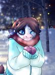  2017 anthro blue_eyes bovine cainethelongshot cattle christmas clothed clothing cold digital_media_(artwork) female fluffy fluffy_tail fur gloves hair holidays horn invalid_tag laurette long_hair mammal mittens open_mouth outside scarf snow solo standing sweater tree white_fur winter 