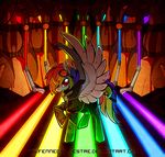  blood blue_fur boots cloak clothed clothing eyewear feathered_wings feathers fennecsilvestre footwear friendship_is_magic fur glowing goggles hair multicolored_hair my_little_pony rainbow rainbow_dash_(mlp) rainbow_factory_(mlp_fanfic) rainbow_hair red_eyes smile solo spread_wings wings 