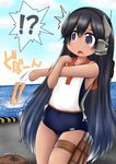  1girl black_eyes black_hair commentary_request cowboy_shot headgear i-400_(kantai_collection) inugami-ke_no_ichizoku_pose kantai_collection long_hair open_mouth orange_sailor_collar ouno_(nounai_disintegration) sailor_collar sailor_shirt school_swimsuit shirt sleeveless sleeveless_shirt solo_focus stretch swimsuit swimsuit_under_clothes tan 