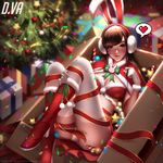  animal_ears bikini_top boots box bunny_ears capelet christmas christmas_tree d.va_(overwatch) earmuffs facepaint facial_mark fur_trim gift gift_box gloves heart in_box in_container liang_xing looking_at_viewer lying on_back overwatch panties red_capelet ribbon santa_costume solo spoken_heart thighhighs underwear watermark web_address whisker_markings 
