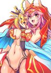  animal_ear_fluff animal_ears breasts bridal_gauntlets cleavage cosplay elbow_gloves fang fate/extra fate/grand_order fate_(series) fox_ears fox_tail gloves groin highres lamp large_breasts long_hair looking_at_viewer navel open_mouth pink_hair queen_of_sheba_(fate/grand_order) queen_of_sheba_(fate/grand_order)_(cosplay) simple_background solo tail tamamo_(fate)_(all) tamamo_no_mae_(fate) tiara white_background wisespeak 