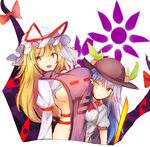  antinomy_of_common_flowers blonde_hair blue_hair bow bowtie breasts commentary_request fan gap hat hat_ribbon highres hinanawi_tenshi large_breasts long_hair looking_at_viewer mob_cap multiple_girls no_bra one_eye_closed red_bow red_eyes red_neckwear red_ribbon ribbon sideboob small_breasts smile tabard touhou uchisukui white_background white_hat yakumo_yukari yellow_eyes 