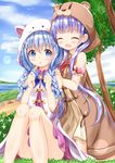  :d :o ^_^ animal_hat animal_hood arm_garter bangs bare_shoulders bear_hood bird blue_bow blue_eyes blue_hair blunt_bangs blush blush_stickers bow braid bunny_hood clenched_hands closed_eyes cloud convenient_leg crossover day dress eyebrows_visible_through_hair gochuumon_wa_usagi_desu_ka? hair_ornament hands_on_another's_shoulders hat highres hood kafuu_chino kirara_fantasia kneeling knees_together_feet_apart lens_flare long_hair looking_at_viewer low_twintails multiple_girls new_game! on_ground open_mouth outdoors path plant purple_hair red_bow road sitting sky smile sparkle suzukaze_aoba tree twin_braids twintails very_long_hair water x_hair_ornament zenon_(for_achieve) 