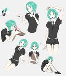  absurdres androgynous black_neckwear black_shorts clipboard collared_shirt color_guide fingernails gem_uniform_(houseki_no_kuni) grey_background highres houseki_no_kuni leg_hug necktie phosphophyllite pointing puffy_short_sleeves puffy_sleeves ryon_1925 sea_slug shirt short_shorts short_sleeves shorts simple_background squiggle ventricosus white_shirt white_skin 