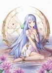  armband artist_name bangs barefoot blue_hair closed_mouth commentary dress eyebrows_visible_through_hair flower full_body green_ribbon hair_ribbon hand_on_own_chest highres la_campanella long_hair looking_at_viewer no_shoes original red_eyes ribbon sitting solo very_long_hair white_dress 