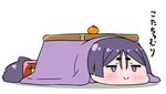  absurdly_long_hair blush chibi closed_mouth commentary_request eyebrows_visible_through_hair fate/grand_order fate_(series) food fruit hair_between_eyes highres kotatsu long_hair low-tied_long_hair lying mandarin_orange minamoto_no_raikou_(fate/grand_order) on_stomach purple_eyes purple_hair rei_(rei_rr) simple_background smile solo table translation_request under_kotatsu under_table very_long_hair white_background wide_face 