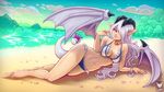  artist_name barefoot beach bikini breasts day demon_girl demon_tail demon_wings foxilumi frilled_bikini frills hair_over_one_eye highres ilassa_(elh) jewelry lilim_(monster_girl_encyclopedia) logo long_hair lying medium_breasts monster_girl_encyclopedia navel necklace ocean on_side outdoors pointy_ears red_eyes silver_hair solo succubus swimsuit tail watermark wings 