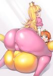  ass blonde_hair blue_eyes bodysuit brown_hair cameltoe crown earrings flower_earrings huge_ass jewelry long_hair looking_at_viewer looking_back mario_(series) multiple_girls nagase_haruhito pink_bodysuit princess_daisy princess_peach super_mario_bros. sweatdrop take_your_pick thick_thighs thighs yellow_bodysuit 