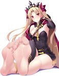  anklet asymmetrical_legwear bangs bare_shoulders barefoot black_dress black_legwear blonde_hair blush bow breasts cape cleavage covered_nipples crossed_legs detached_collar detached_sleeves dress earrings ereshkigal_(fate/grand_order) fate/grand_order fate_(series) feet frown hair_bow hand_in_hair highres hoop_earrings jewelry long_hair medium_breasts naturalton parted_bangs pov_feet red_cape red_eyes shiny shiny_skin simple_background sitting skull_necklace soles solo spine sweat tiara toes two_side_up white_background 