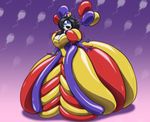  2017 anthro armwear ball_gown balloon ballroom_gown big_breasts black_hair blue_fur breasts cat cleavage clothed clothing digital_media_(artwork) dress elbow_gloves feline female flavia fur gloves hair hi_res inflatable mammal purple_eyes rubber shiny simple_background smile solo standing toughset 