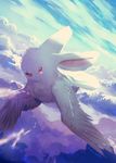  above_clouds animal animal_ears aurora bird blue_sky bunny bunny_ears cloud commentary_request creature day flying fusion manino_(mofuritaionaka) no_humans open_mouth original pun red_eyes scenery sky smile solo wings 