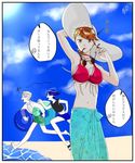  androgynous arm_behind_head beach breast_padding cairngorm_(houseki_no_kuni) closed_eyes crystal_hair day eyewear_removed hat highres houseki_no_kuni jellyfish looking_at_viewer multicolored_hair multiple_others navel outdoors partially_translated phosphophyllite phosphophyllite_(ll) running rutile_(houseki_no_kuni) sandals short_sleeves skirt smile spoilers sun_hat sunglasses translation_request water white_skin 