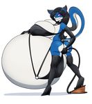  2017 anthro armwear belly belly_expansion big_belly big_breasts black_hair blue_fur breasts butt cat clothed clothing digital_media_(artwork) dominatrix elbow_gloves feline female flavia footwear frown fur gloves grin hair hi_res high_heels hose huge_breasts hyper hyper_belly inflation looking_at_viewer mammal purple_eyes riddleaugust shoes simple_background smile solo standing 