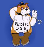  animal_crossing anthro barely_visible_genitalia body_writing booker_(animal_crossing) bulge bunnybara canine clothing collar dog handcuffs male mammal nintendo shackles solo subtle_penis underwear v_sign video_games 