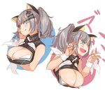  :q animal_ears aqua_eyes bare_arms breasts cat_ears claw_pose cleavage cleavage_cutout commentary_request cross-laced_clothes fang flying_teardrops grey_hair high_collar kachua_(kachua_l) kaguya_luna kaguya_luna_(character) large_breasts looking_at_viewer obi sash simple_background sketch stitching tears text_focus tongue tongue_out translation_request virtual_youtuber 