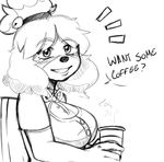  animal_crossing anthro beverage big_breasts black_and_white breasts canine coffee dialogue dog english_text female grin isabelle_(animal_crossing) looking_at_viewer mammal monochrome nintendo noodle-lu smile solo speech_bubble talking_to_viewer text video_games 