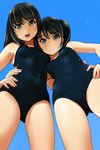  :d arm_around_waist armpits ass ass_visible_through_thighs bangs bare_arms bare_shoulders black_eyes black_hair black_swimsuit blue_sky blush breasts covered_navel cowboy_shot day enty_reward eyebrows_visible_through_hair fingernails from_below hand_on_hip highres long_hair looking_at_viewer looking_down matsunaga_kouyou multiple_girls new_school_swimsuit one-piece_swimsuit open_mouth original outdoors paid_reward school_swimsuit shiny shiny_skin short_hair sidelocks sky small_breasts smile standing swimsuit thighs twintails 