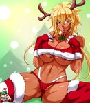  1girl antlers areolae areolae_slip bleach blonde_hair blue_eyes breasts christmas cleavage cleavage_cutout dark_skin gloves green_eyes huge_breasts looking_at_viewer midriff one_girl revealing_clothes thong tier_harribel underboob 