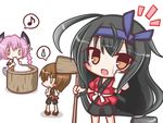  3girls :3 :d alternate_costume bangs black_hair black_shorts blush blush_stickers braid brown_eyes closed_mouth dress eating eighth_note eyebrows_visible_through_hair food geta hair_between_eyes happi hatsushimo_(kantai_collection) headband headgear japanese_clothes kantai_collection kine komakoma_(magicaltale) long_hair looking_at_viewer low-tied_long_hair mochi mortar multiple_girls musical_note nenohi_(kantai_collection) open_mouth parted_lips pink_hair red_footwear sailor_dress short_sleeves shorts smile spoken_musical_note spoken_sweatdrop standing sweat sweatdrop very_long_hair wagashi wakaba_(kantai_collection) white_background white_dress wiping_sweat 