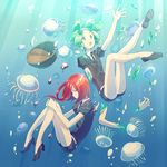 amputee androgynous bowl bubble gem_uniform_(houseki_no_kuni) green_eyes green_hair high_heels houseki_no_kuni jellyfish matsuki_(mikipingpong) multiple_others necktie open_mouth phosphophyllite puffy_short_sleeves puffy_sleeves red_eyes red_hair severed_arm severed_hand severed_limb shards shinsha_(houseki_no_kuni) short_sleeves shorts underwater 