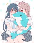  bangs blue_hair blush commentary_request covered_mouth dolphin eyebrows_visible_through_hair grey_hair hair_between_eyes hair_ornament holding inflatable_dolphin inflatable_toy kiss long_hair love_live! love_live!_school_idol_project minami_kotori multiple_girls object_kiss one_side_up pleated_skirt purin_(purin0) sailor_collar school_uniform serafuku short_sleeves simple_background sitting skirt sonoda_umi yellow_eyes 