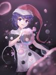  antinomy_of_common_flowers bare_arms black_background blue_eyes blue_hair book doremy_sweet dream_soul dress eyebrows_visible_through_hair hand_up hat holding holding_book looking_at_viewer minust nightcap pom_pom_(clothes) smile solo tail tapir_tail touhou white_dress 