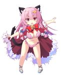  animal_ears bangs bell betei bikini blue_bow blunt_bangs bow bowtie breasts cat_ears cat_tail cleavage crescent crescent_hair_ornament crescent_moon_pin eyebrows_visible_through_hair full_body hair_bow hair_ornament jingle_bell kemonomimi_mode large_breasts long_hair looking_at_viewer open_mouth outstretched_arms patchouli_knowledge pigeon-toed purple_bikini purple_hair red_neckwear simple_background solo standing striped striped_bikini swimsuit tail touhou white_background 