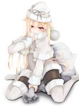  alternate_costume black_legwear blonde_hair boots hair_flaps hat kantai_collection long_hair long_sleeves momin pantyhose red_eyes remodel_(kantai_collection) sack santa_boots santa_costume santa_hat simple_background solo thigh_boots thighhighs white_background white_coat white_footwear white_hat white_santa_costume yuudachi_(kantai_collection) zettai_ryouiki 