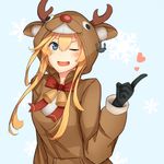  abukuma_(kantai_collection) anchor animal_costume bangs bell black_gloves blonde_hair blue_eyes blush bow bowtie commentary_request eyebrows_visible_through_hair flying_heart gloves hair_between_eyes heart highres kantai_collection long_hair long_sleeves looking_at_viewer one_eye_closed open_mouth red_bow red_neckwear reindeer_costume simple_background sleeves_past_wrists smile snowflakes solo tareme upper_body yuubokumin 