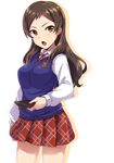  blush breasts brown_eyes brown_hair cellphone commentary_request dan_(orange_train) idolmaster idolmaster_million_live! kitazawa_shiho long_hair looking_at_viewer medium_breasts open_mouth phone plaid plaid_skirt school_uniform skirt smartphone solo sweater_vest 