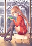  artist_name bangs blonde_hair blue_eyes book boots commentary eyebrows_visible_through_hair from_side full_body high_heels holding holding_book indoors la_campanella long_hair looking_at_viewer open_mouth original ponytail sitting snow solo thigh_boots thighhighs tree turtleneck window winter 