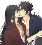  absurdres black_hair closed_eyes colored_eyelashes earrings eighth_note hair_down highres izumi-no-kami_kanesada jewelry long_hair messy_hair multiple_boys musical_note mutsu-no-kami_yoshiyuki pectorals signature simple_background sweatdrop touken_ranbu white_background yaoi zehel_az 