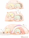  :&gt; blanket blonde_hair blush green_hair hair_over_one_eye higekiri_(touken_ranbu) hizamaru_(touken_ranbu) jumping mochimochi_mascot protected_link sneezing touken_ranbu twitter_username waking_up 